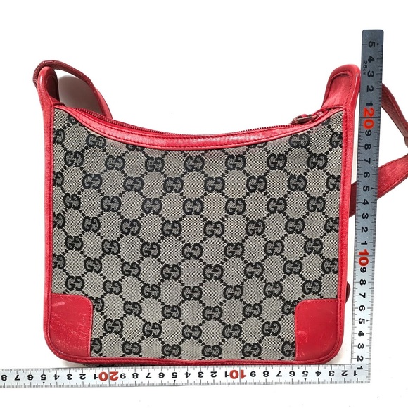 Gucci monogram Shoulder Bag Black Canvas with Red Trim and Straps + COA - Picture 5 of 8